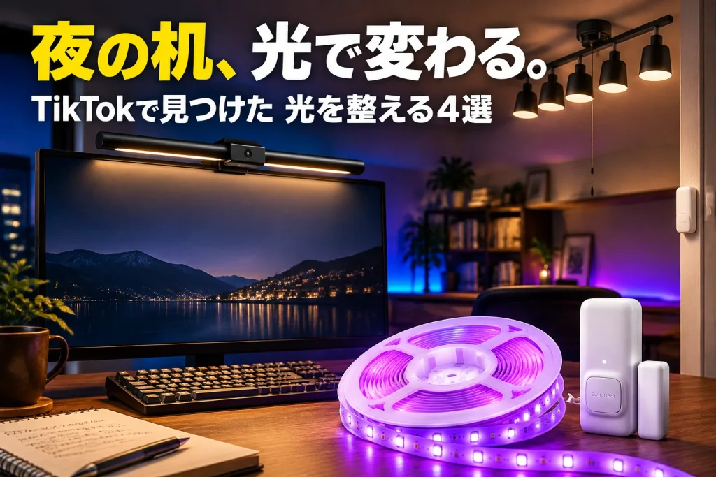 夜の書斎で青紫の間接光と暖かな手元の光を組み合わせる。SwitchBotのテープライトとBenQの黒いモニターライトを大きく見せ、光の役割を分けるコピーを添える。