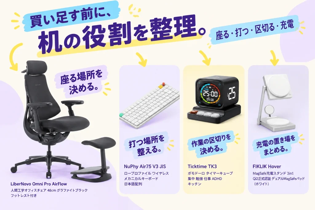 作業机を買い足す前に。座る・打つ・区切る・充電の4品の紹介イメージ