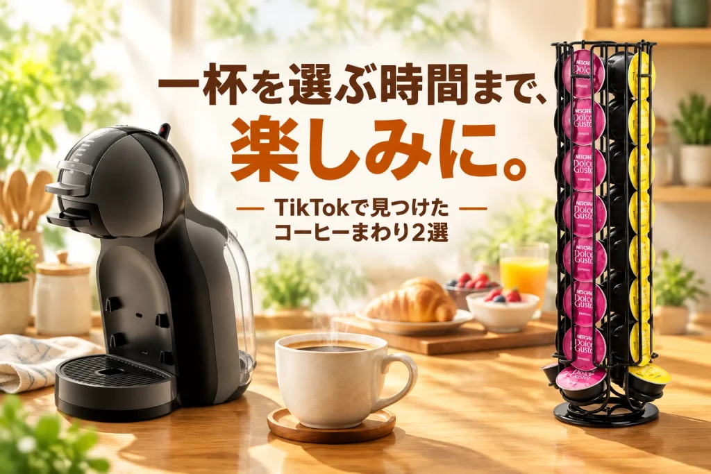 黒いドルチェグストのミニミーと回転式カプセルラックを大きく配置。木のキッチンと湯気の立つコーヒーを背景に、一杯を選ぶ時間の楽しさを太い文字で伝える。