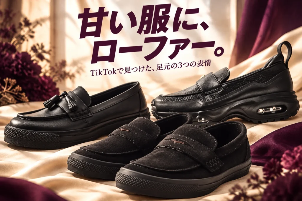 黒いローファーを大きく並べ、柔らかなワンピースの布と温かな光を背景にした、甘い服と足元の対比が伝わる画像。