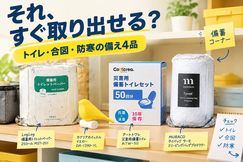 防災グッズ、買って終わりにしない。トイレ・合図・防寒の4品の紹介イメージ