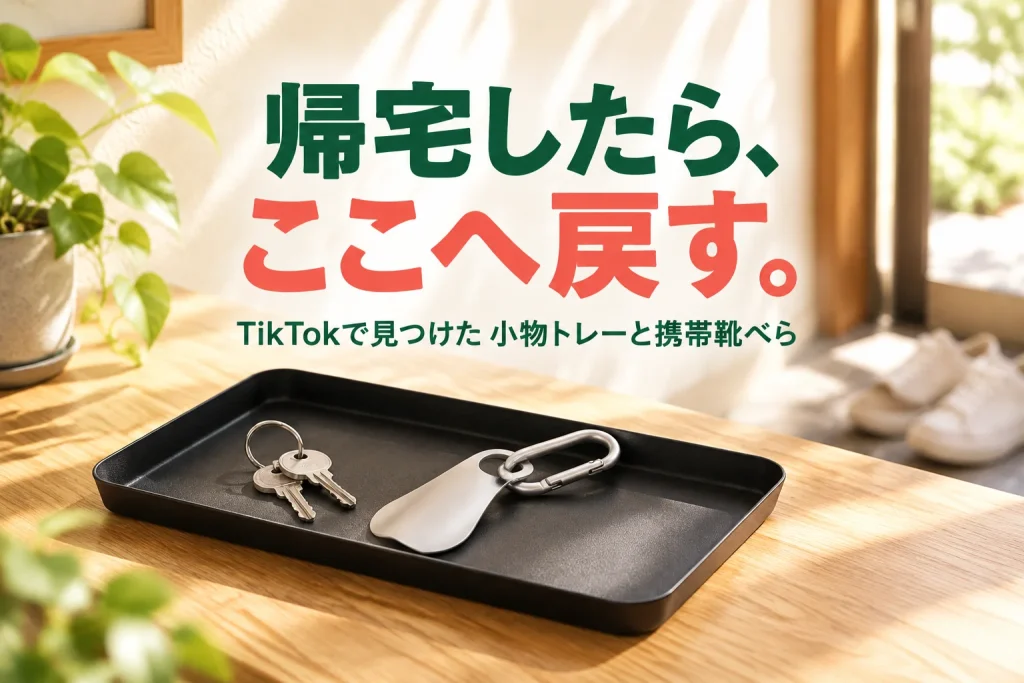 黒い浅型トレーと銀色の携帯靴べらを大きく、実際の比率で配置。明るい木の玄関棚に鍵を添え、小物の定位置を示す大きなコピーを見せる。