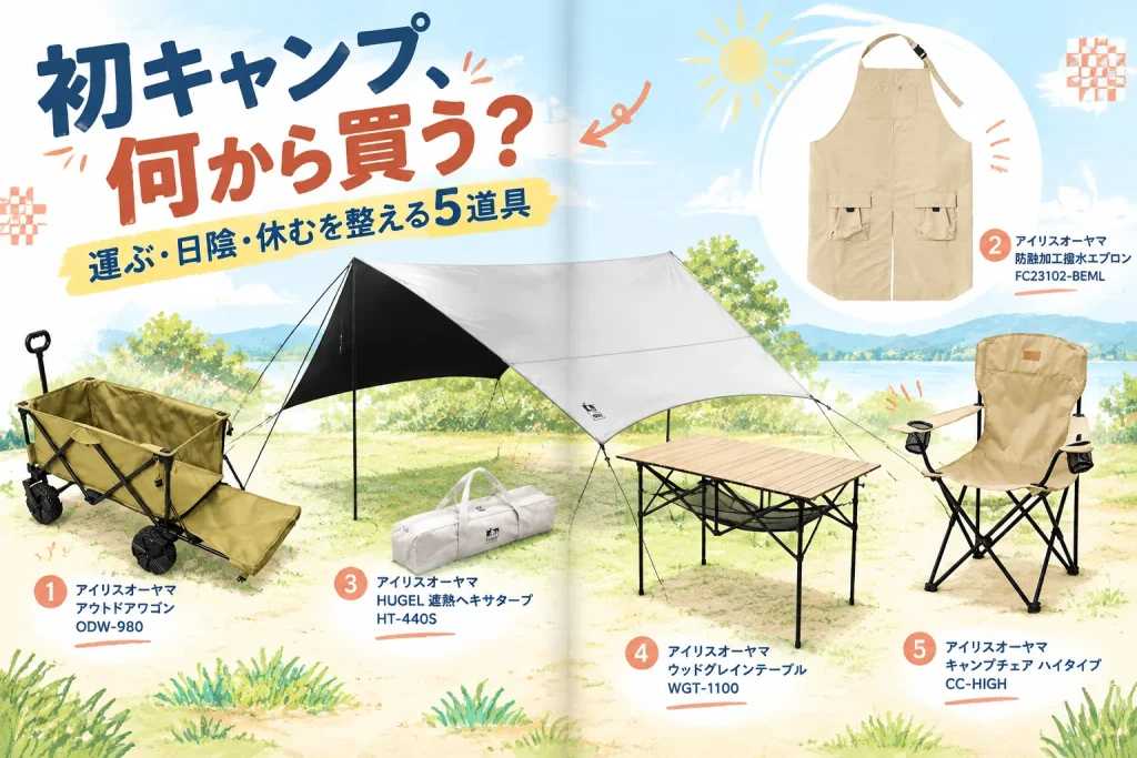初キャンプで使うワゴン、エプロン、タープ、テーブル、チェアの5道具。