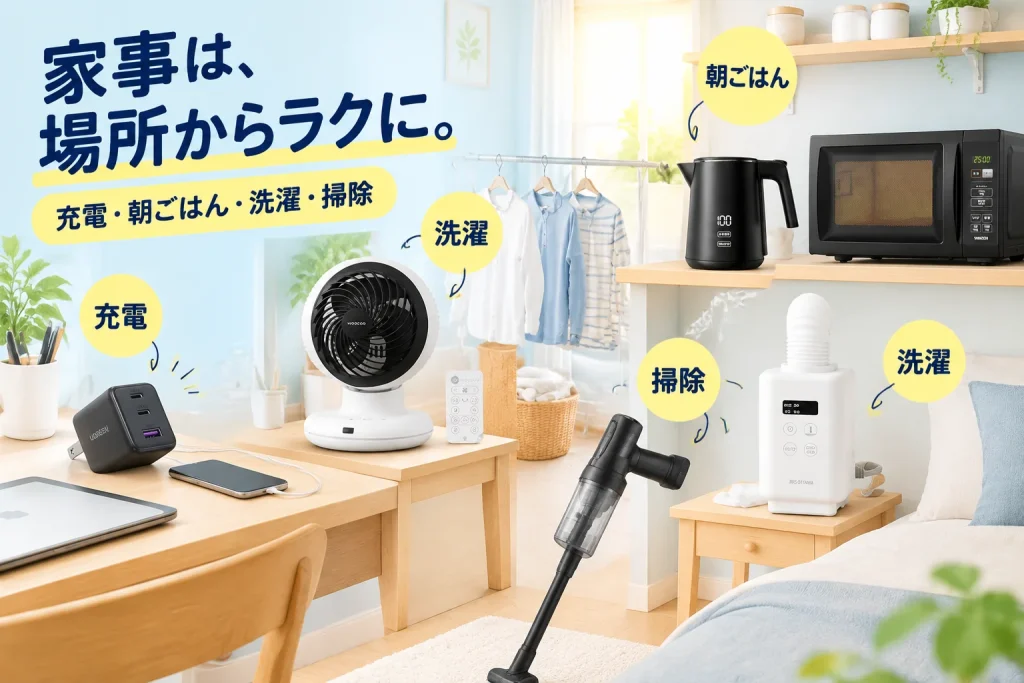 一人暮らしの家事、どこからラクにする?朝・洗濯・掃除で選ぶ6品の紹介イメージ