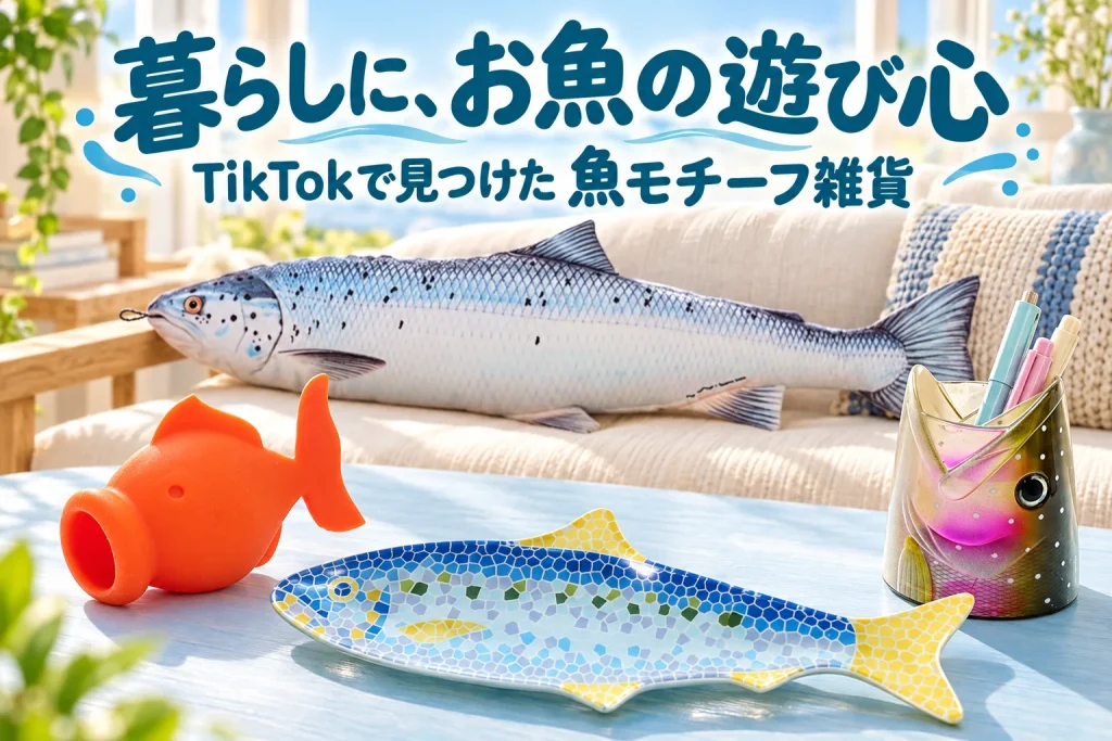 明るい部屋とキッチンの空気感。橙色の魚型エッグセパレーター、銀色サーモンのソフトクッション、彩色イワナの頭型ペン立て、青黄のモザイク風イワシ皿を大きく配置。