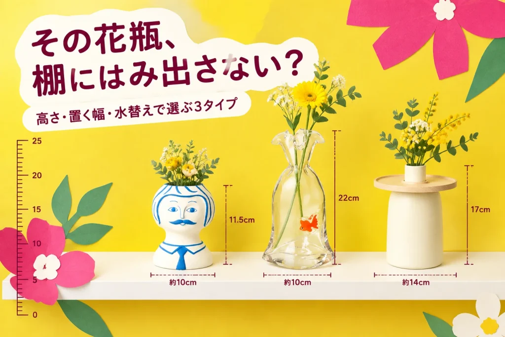 その花瓶、棚にはみ出さない?:DOIY Goldfish フラワーベース H0171、welms Monsieur vase BBG5069922C0134、KIKIME hanauke ホワイト×ナチュラル