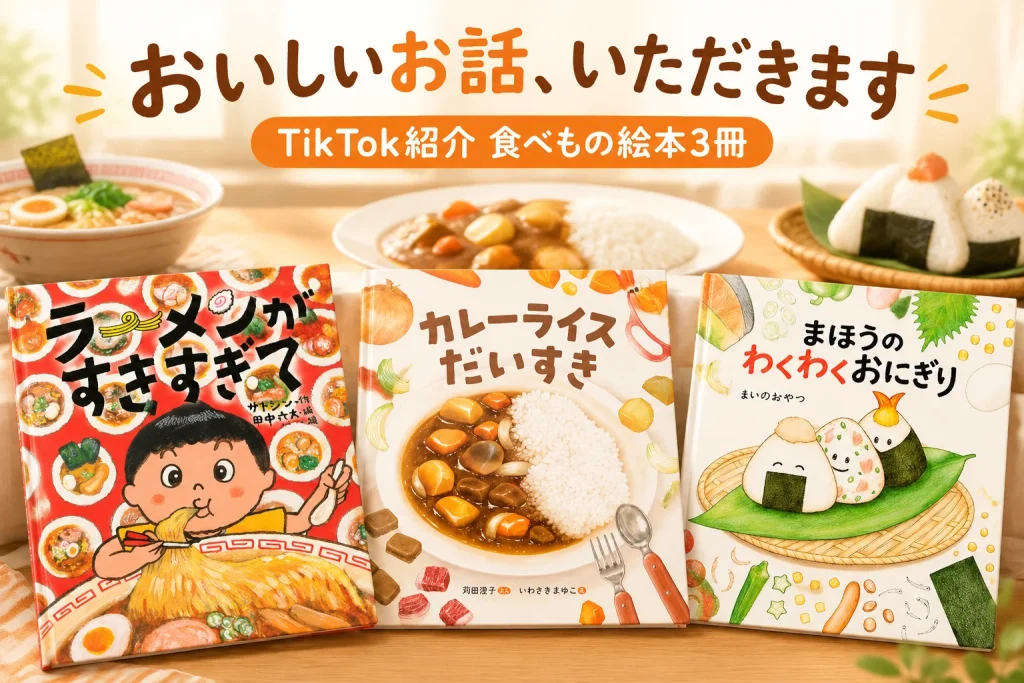ラーメン、カレー、おにぎりの絵本が明るい食卓に並ぶ、親子の読み聞かせをイメージしたビジュアル。