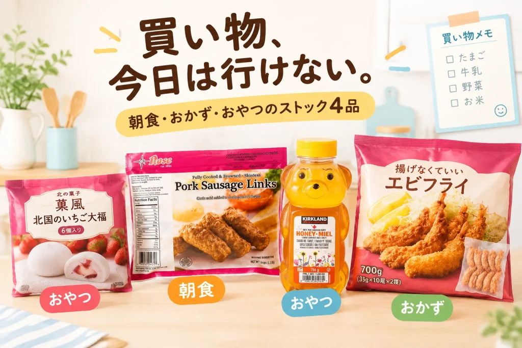 買い物に行けない日のために。朝ごはん・おかず・甘いもの4品の紹介イメージ