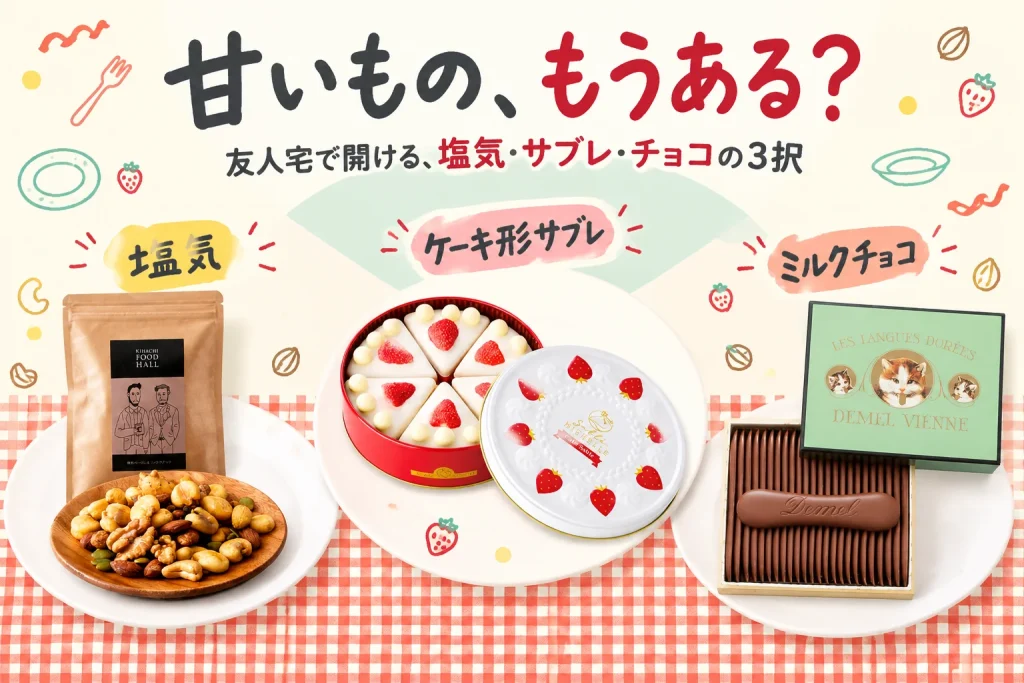 甘いもの、もうある?:KIHACHI FOOD HALL 燻製ベーコン&ミックスナッツ70g H71001、Sable MICHELLE ケーキサブレ缶 ホワイト、DEMEL ソリッドチョコ猫ラベル ミルク