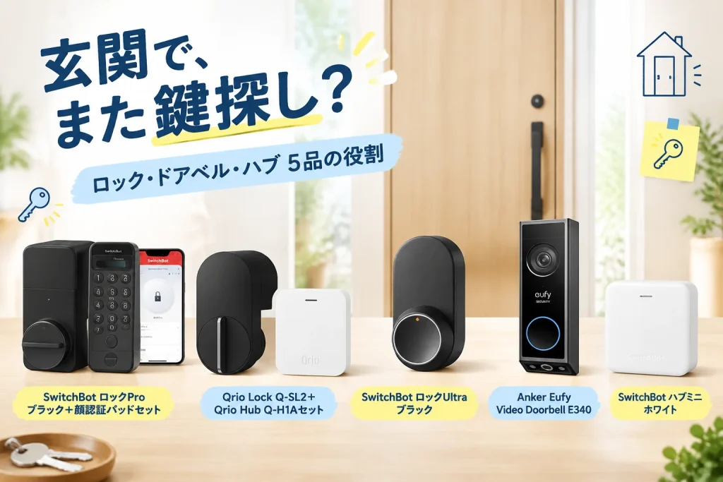 玄関で鍵を探すのが面倒。スマートロックと周辺機器5品の役割の紹介イメージ