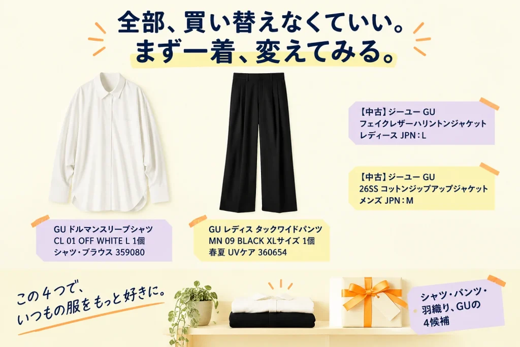いつもの服を少し変えたい。GUの羽織り・シャツ・パンツ4品の紹介イメージ
