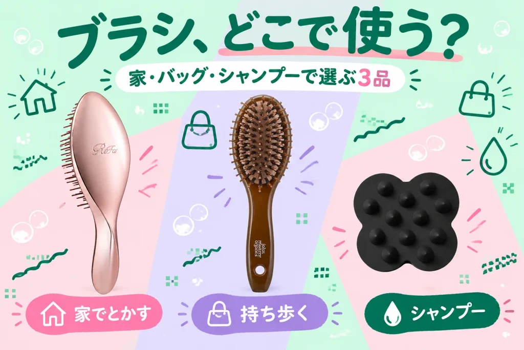 ブラシ、どこで使う?:ReFa AILE BRUSH RS-BC-05A ローズゴールド、john masters organics コンボパドルブラシ ミニ JMP2016、uka スカルプブラシ ケンザン ブラック 1個 JAN4582637165186