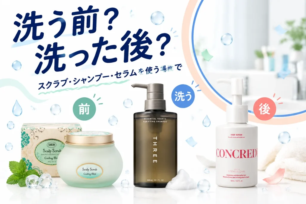 洗う前?洗った後?:SABON ヘッドスクラブ リフレッシング・ミント300g、THREE エッセンシャルセンツ ピュリファイング シャンプー300mL、matsukiyo CONCRED ハイインテンシブケア ヘアセラム100mL