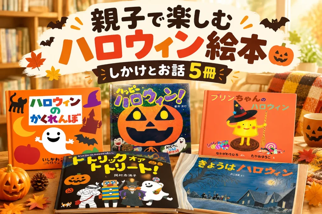 ハロウィン絵本の表紙を大きく並べ、明るい秋の親子の読書空間を背景にしたイメージ。