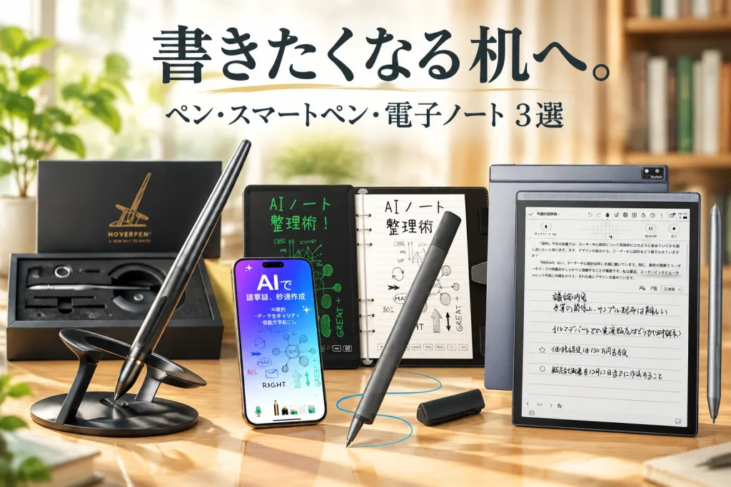 明るい書斎に浮くボールペン、専用ノートとスマートペン、電子ノートを並べる。手書きの楽しさと記録の整理を感じるイメージ。