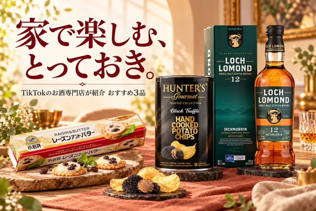 暖色の明るいダイニングテーブルに小岩井レーズンアンドバターの箱、黒いハンターポテト缶、緑箱と琥珀色のインチマリン12年ボトルを大きく配置した家飲みの記事イメージ。