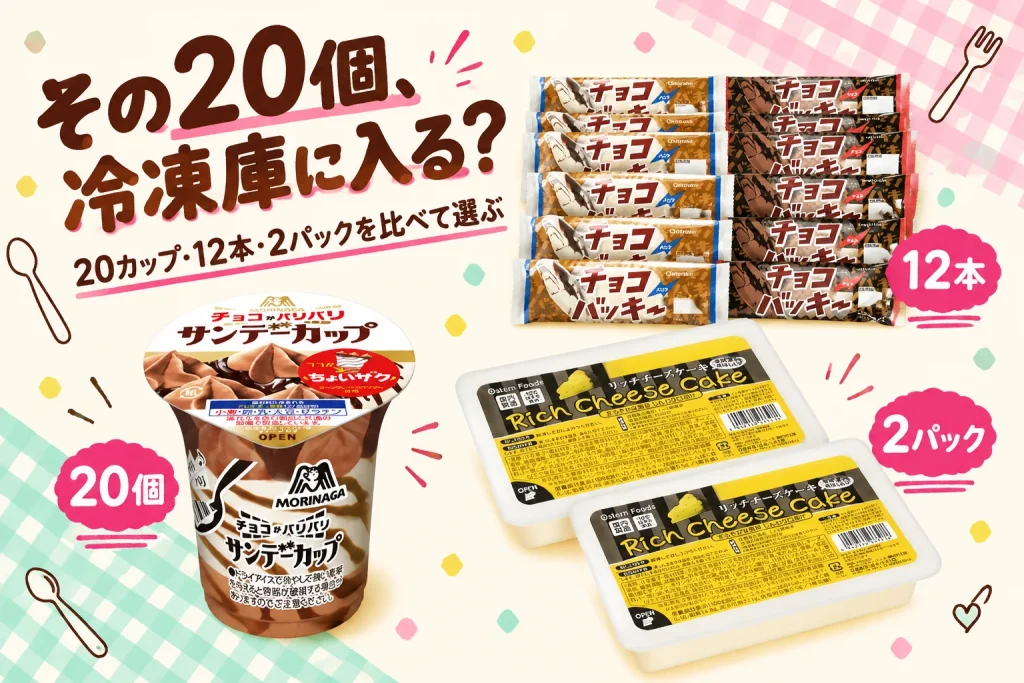 その20個、冷凍庫に入る?:森永製菓 サンデーカップ〈パリパリチョコ〉180mL×20個、シャトレーゼ チョコバッキー バニラ&チョコ2種12本、業務スーパー リッチチーズケーキ500g×2パック