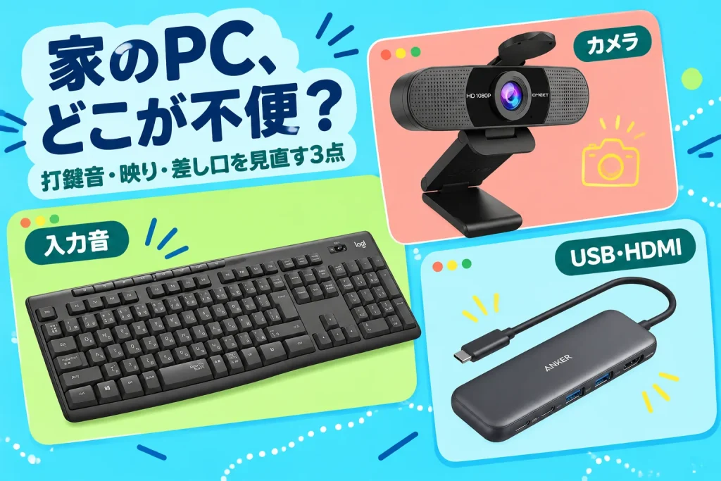 Logicoolのキーボード、EMEETのWebカメラ、AnkerのUSB-Cハブ