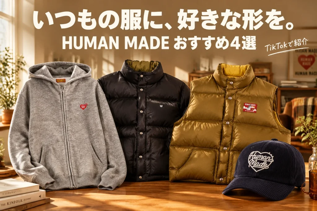 グレーのジップパーカー、黒いダウンジャケット、オリーブ色のベスト、紺色のコーデュロイキャップ。秋冬の服を明るい部屋で選ぶ場面。