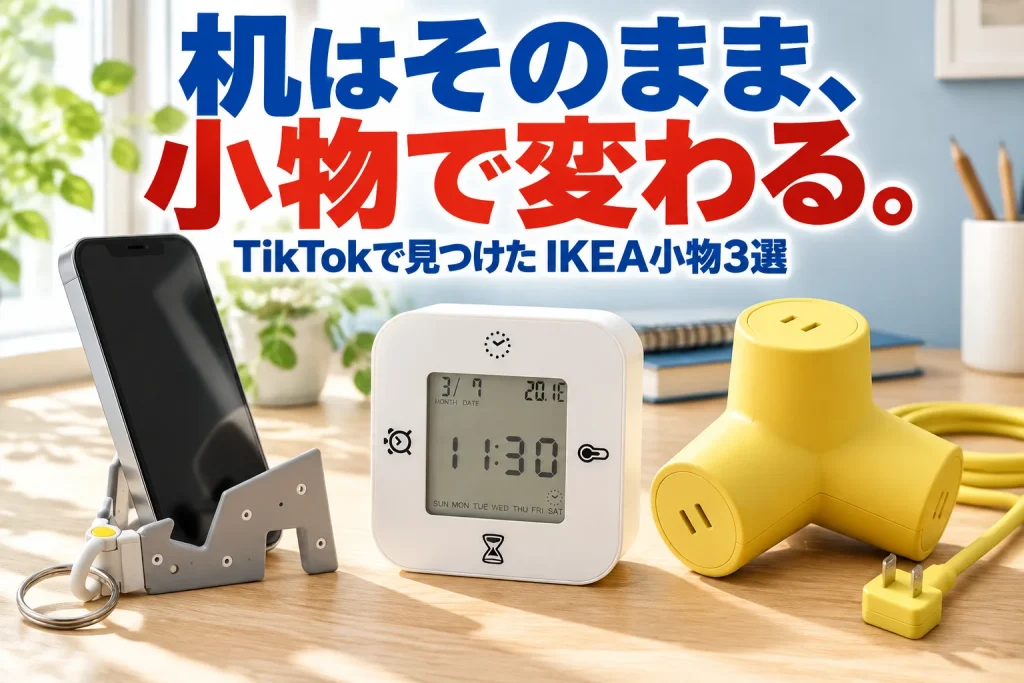 明るい北欧風デスクに、グレーの折り畳みスマホホルダー、白いクロッキス、黄色のホルンフェルスを大きく並べる。太い青と赤のコピーで小物から机を変える楽しさを伝える。