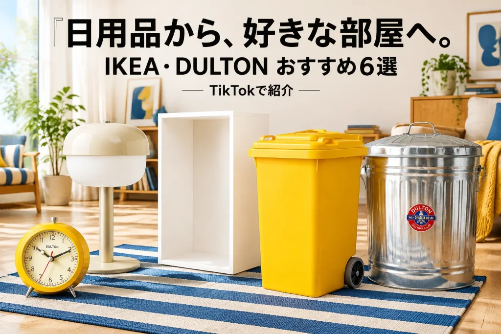 黄色い時計とゴミ箱、ストライプのラグ、ベージュのランプ、白い収納フレームを置いた明るい部屋。日用品の色と形を楽しむイメージ。