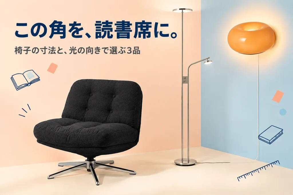 この角を、読書席に。：IKEA DYVLINGE ディヴリンゲ 回転イージーチェア ケーリンゲ ブラック 205.708.29、IKEA ISJAKT イスヤクト LEDフロアアップライト/読書ランプ ニッケルメッキ 204.597.14、IKEA VARMBLIXT ヴァルムブリクスト オレンジガラス 505.251.47