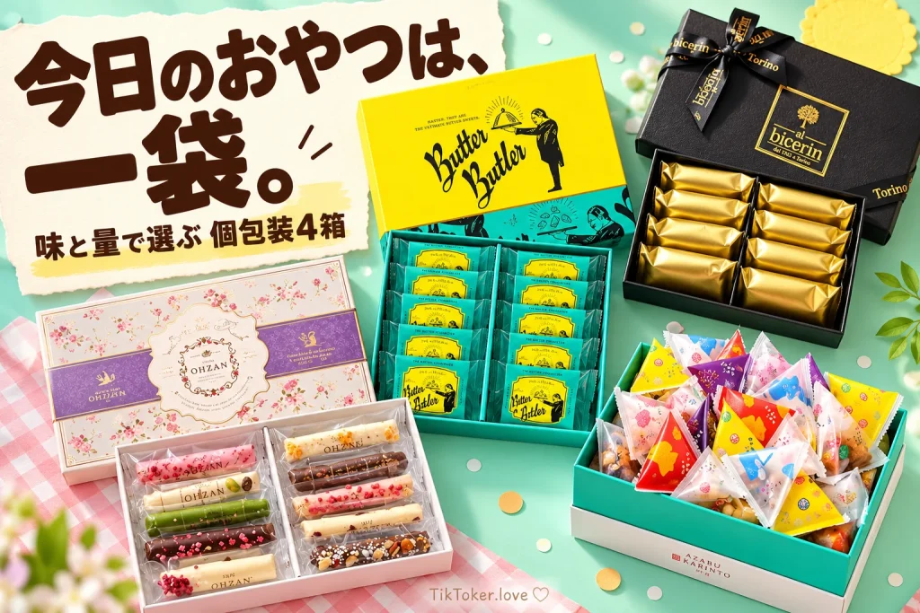 個包装のおやつ4箱。Bicerin、バターバトラー、OHZAN、麻布かりんとと「今日のおやつは、一袋。」の文字