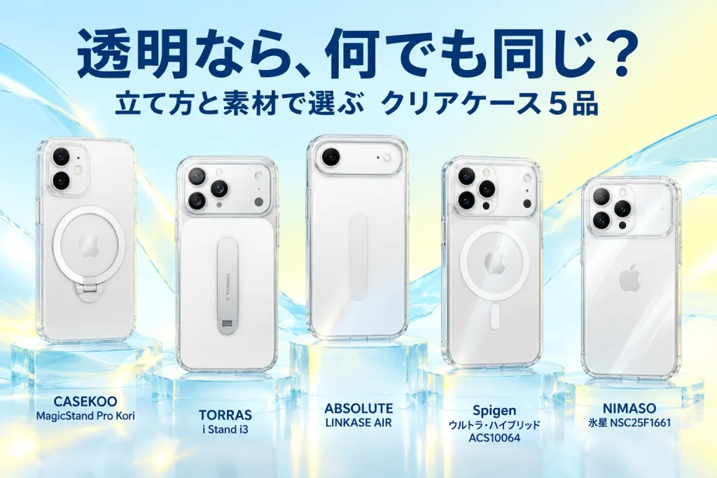 iPhoneのクリアケース、何で選ぶ？スタンド・背面素材・対応機種を比べる5品の紹介イメージ