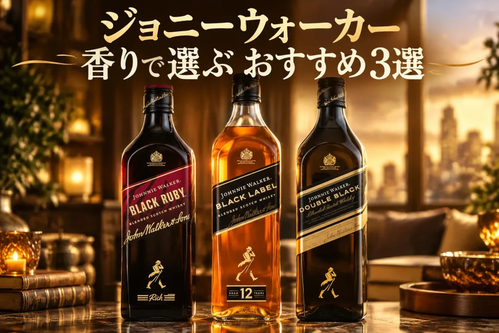 琥珀色の光が差す落ち着いたテーブルに、個性の異なるジョニーウォーカーのボトルが並ぶ。甘さとスモークの違いから一本を選ぶ記事イメージ。