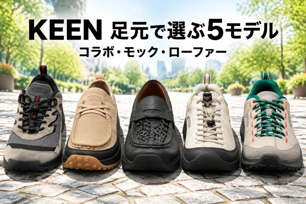 明るい街の石畳と自然の緑がつながる背景に、KEEN正式5モデルをつま先と甲が見える前向きで大きく配置。