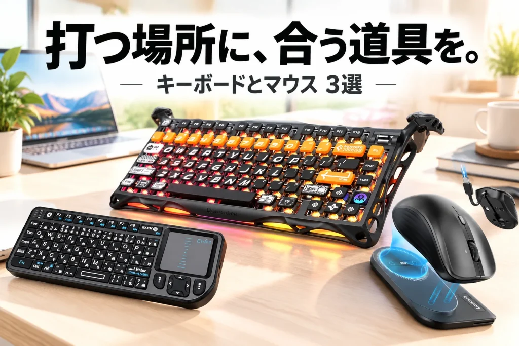 小さなキーボード、個性的なメカニカルキーボード、持ち運び用マウスが明るい机に並ぶイメージ。