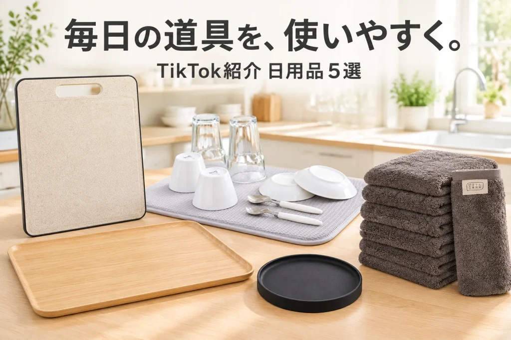 明るいキッチンにまな板、水切りマット、木製トレー、黒い丸型コースター、チャコールのタオルを大きく配置