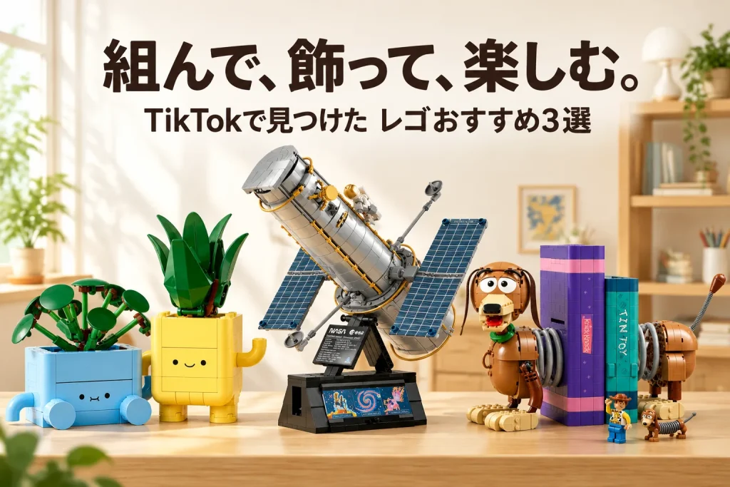 明るい木の棚に、笑顔の青と黄色の植物、銀色のハッブル宇宙望遠鏡、本の模型とスリンキー・ドッグが大きく飾られたレゴのホビー記事イメージ。