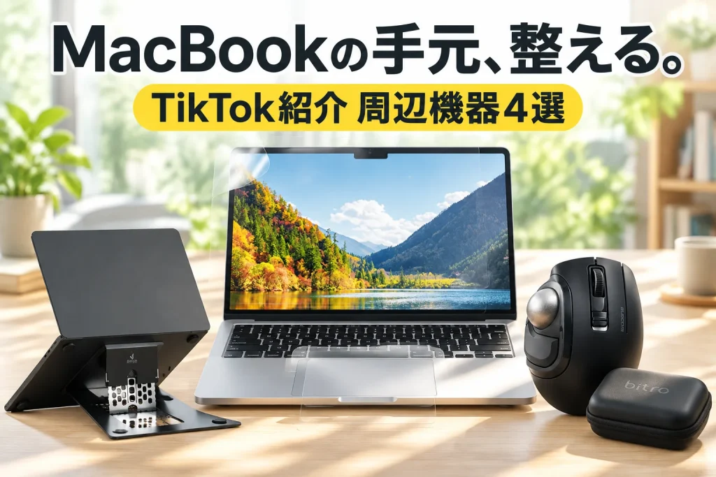 明るい作業机にMacBook Air、トラックパッドの透明フィルム、画面用フィルム、薄型Majextand、黒いbitraを大きく見せる。