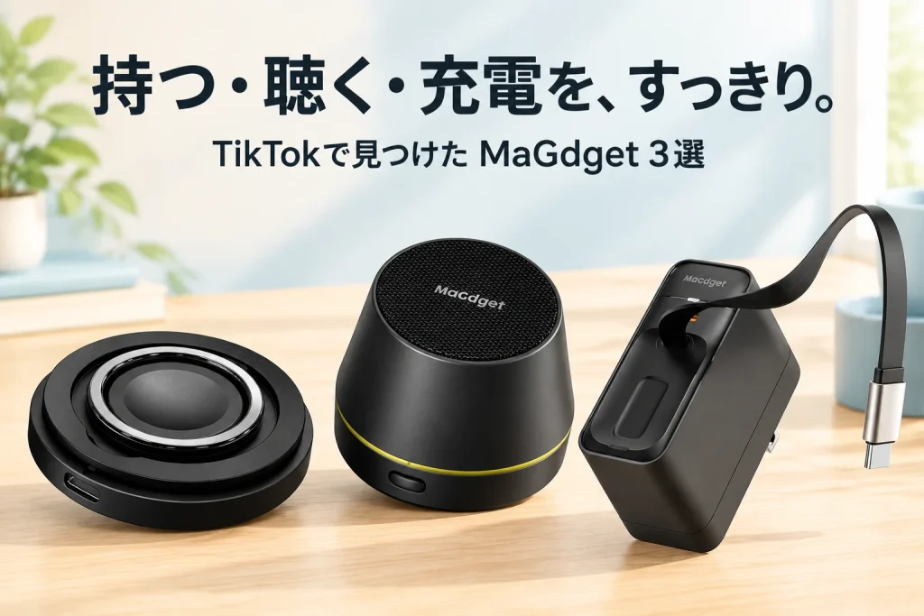 黒のMaGdget充電リング・小型スピーカー・巻取り式充電器を大きく配した、明るいデスクのイメージ。