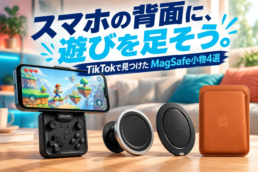 明るい休日のラウンジに、大きなスマホと黒い小型ゲームコントローラー、黒いグリップとリング、オレンジのウォレットを配置。巨大な日本語コピーでスマホの背面に遊びを足す楽しさを伝える。