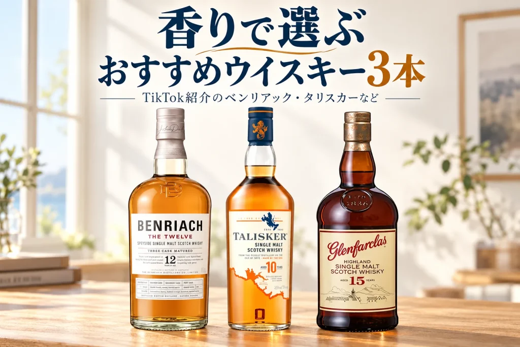 明るい木のテーブルと自然光に主3瓶正面。ベンリアックTHE TWELVE白ラベル、タリスカー10青キャップ、グレンファークラス15濃色瓶。