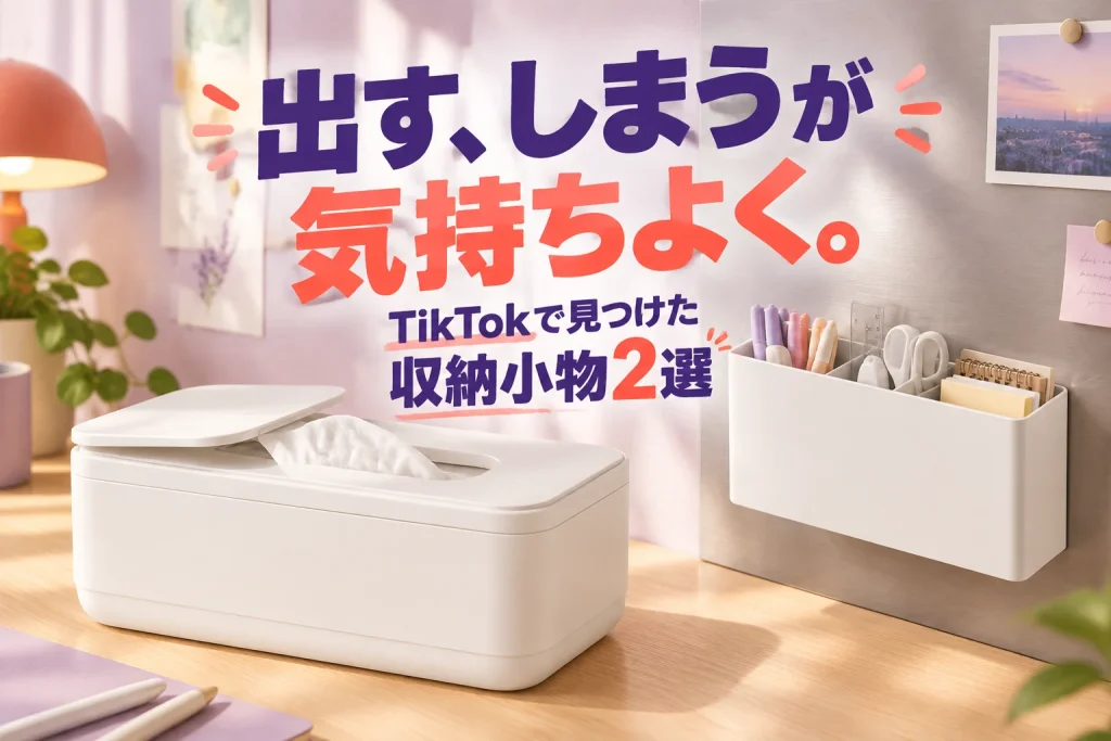 白いシートケースと白い壁面マグネットボックスを実際の商品形状のまま大きく配置。淡いラベンダーの室内を背景に、出す・しまう動作を整える大きな日本語文字を中央に置く。