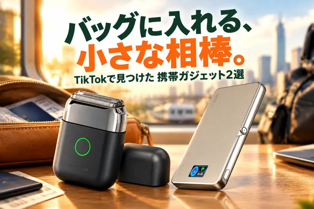 黒い小型シェーバーとチタニウム色の薄型バッテリーを大きく配置。旅支度の明るいデスクを背景に、バッグの小さな相棒というコピーを太く見せる。