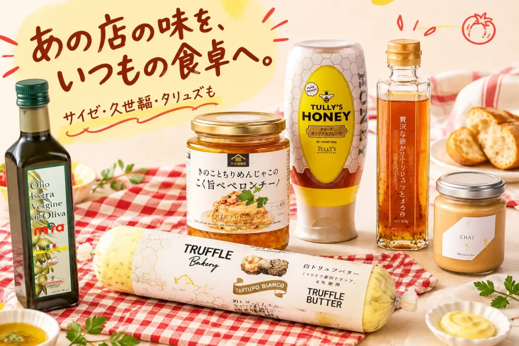 サイゼリヤのオリーブオイル、白トリュフバター、久世福のソースなど食卓で使う6品。