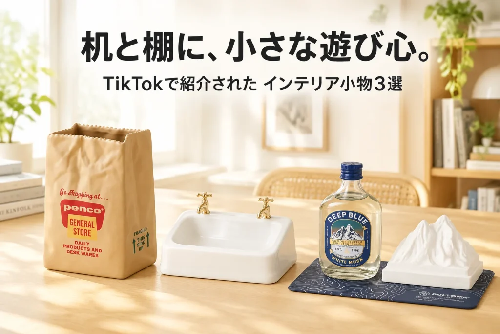 明るい木の棚に、茶色い紙袋風磁器スタンド、金色パーツの白い洗面台型トレイ、青ラベル瓶と山型ディフューザーが大きく並ぶ記事イメージ。