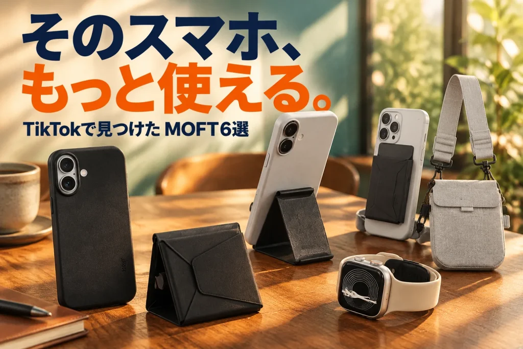 暖かなカフェのデスクにMOFTの黒いケースや展開したスタンド、グレーのストラップ、Watchバンドを大きく配置。太い日本語コピーで、スマホの置き方と持ち歩き方を変えるテーマを伝える。