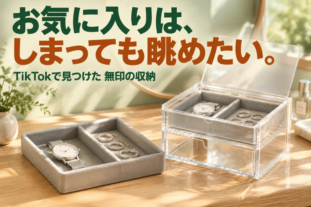 朝の光が入るドレッサーに透明な蓋付きアクリルケースとグレーの二分割ベロアトレーを大きく配置。時計やアクセサリーを小さな使用例として添え、巨大な文字でしまう時間まで好きになる収納を訴求する。