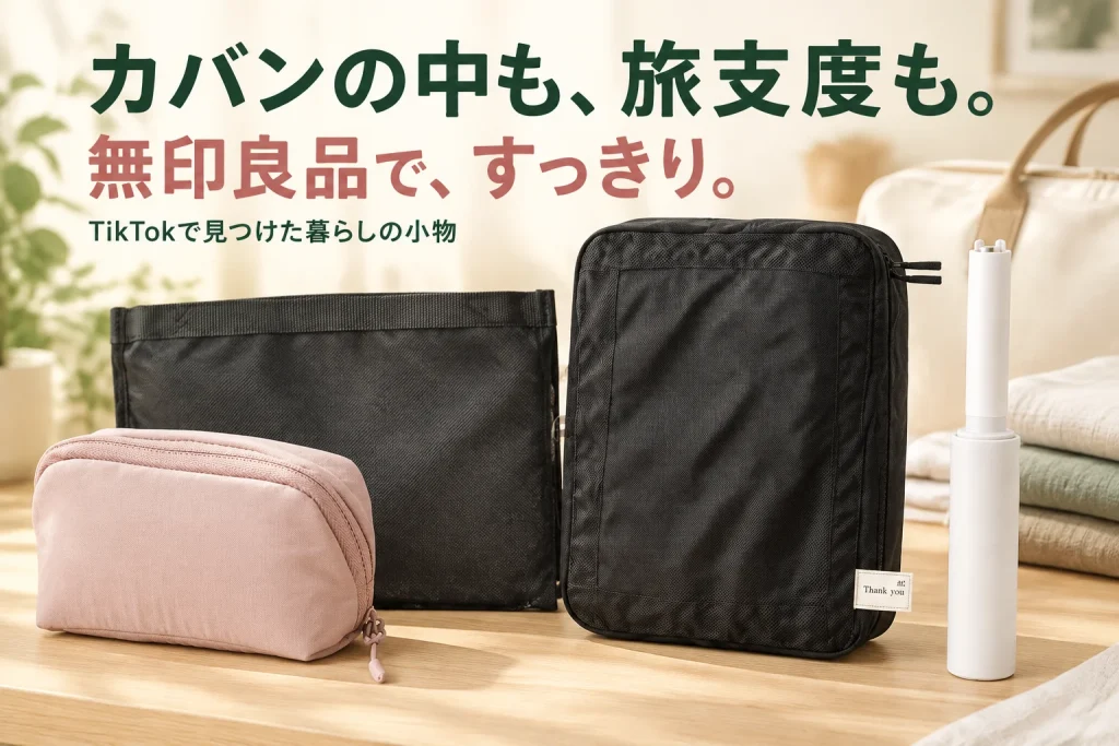 ピンクの小型ポーチ、黒いメッシュバッグ、黒い仕分けケースと白い衣類クリーナーを、明るい旅支度のテーブルで大きく見せる。