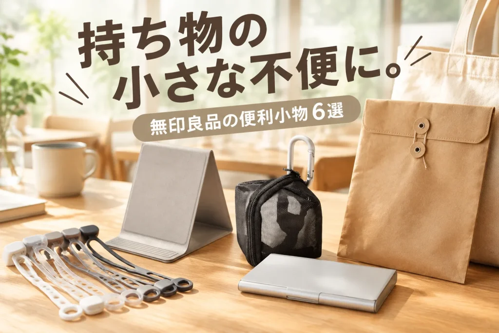 無印良品の小物を大きく置いた、明るいカフェのテーブルと鞄のイメージ。
