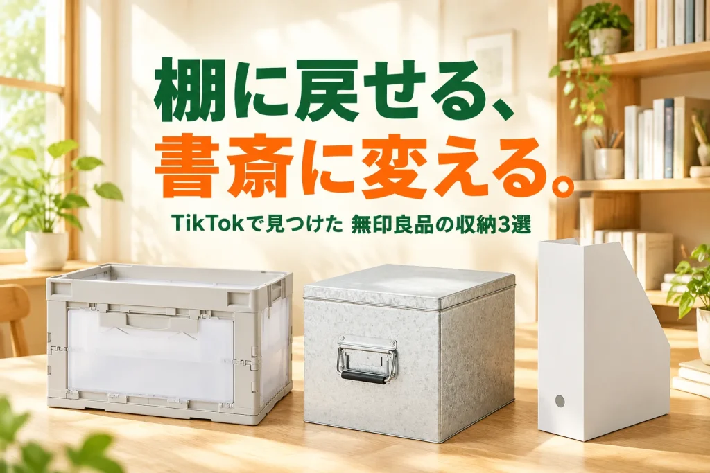大きな半透明コンテナ、銀色のトタンボックス、白いスタンドファイルボックスを実際の比率で大きく配置。明るい木の書斎棚と、戻す場所が決まる大きなコピー。