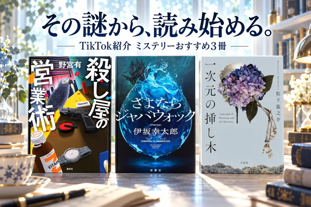 明るい乳白色と淡い青緑の読書空間に、3冊の正面表紙を大きく並べる。硝子越しの光と細い影でミステリーの余韻を表す。
