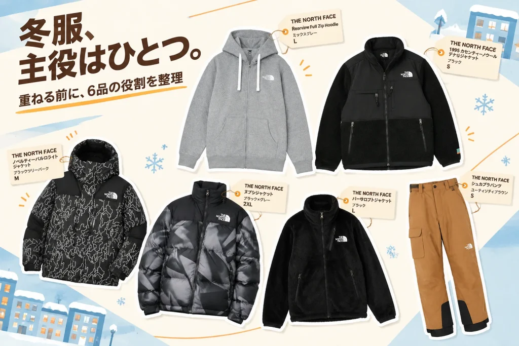 寒い日の服、重ねすぎたくない。ノースフェイス6品を役割で選ぶの紹介イメージ