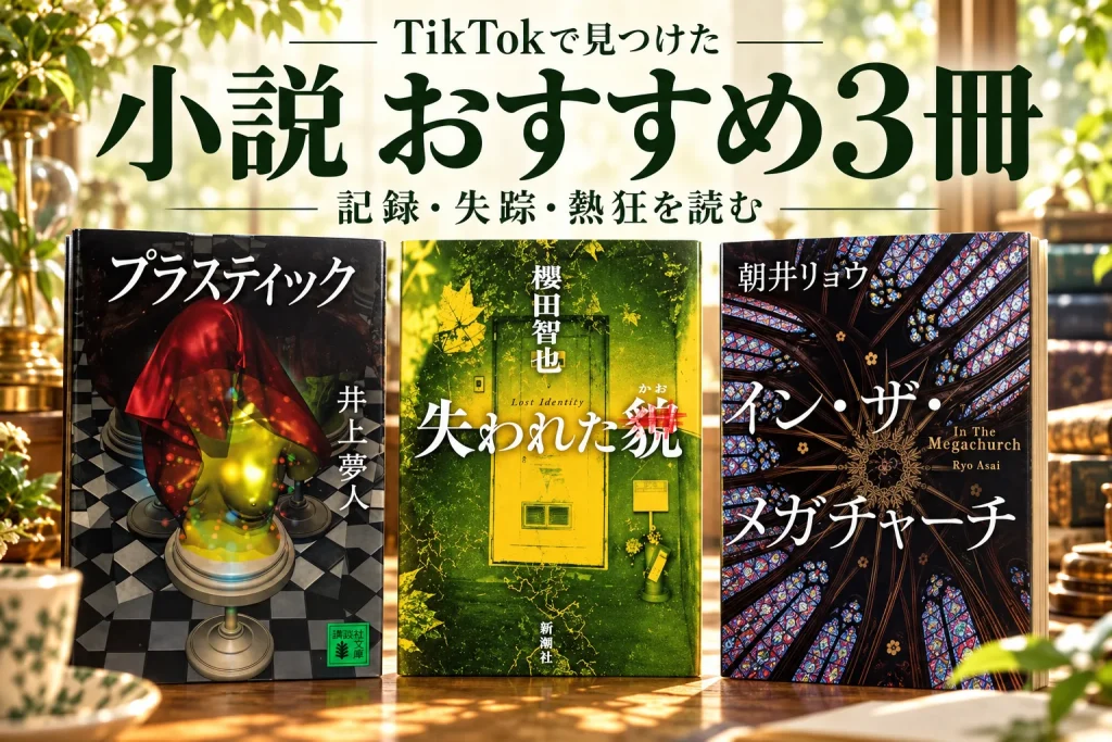 正式書影3冊を大きく並べ、記録・失踪・熱狂を想起する奥行きのある読書空間。販促帯の受賞/部数は再現しない。