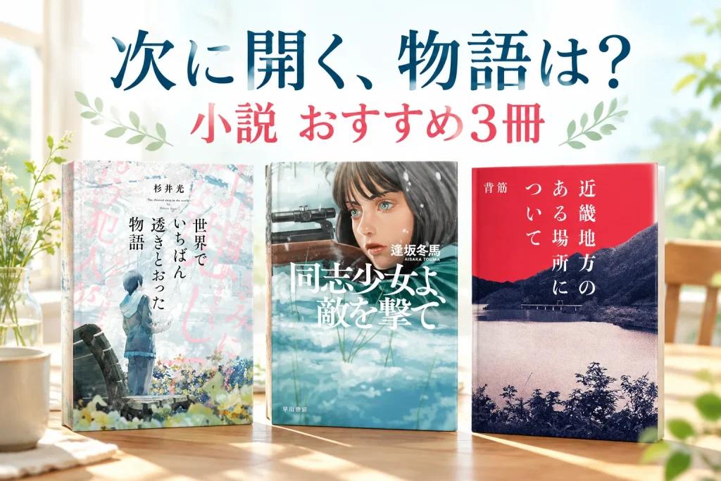 淡い草花と人物の表紙、銃を構える女性の表紙、赤い空と山/湖の表紙の正面3冊。明るい読書机、背景に物語を感じる淡い光。